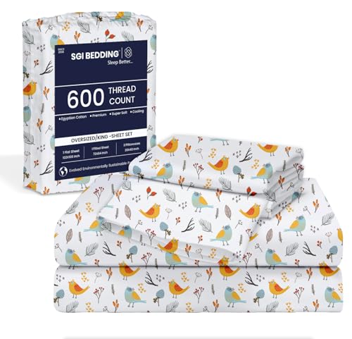 Image of SGI bedding 84 inch W x 84 inch L 4Pc Emperor /Wyoming King Sheet Set 100% Egyptian Cotton - 600 Thread Count, Fits 15 inch Deep Pocket - Soft Breathable Oversized Sheets, for Extra Large Beds - Spring Bird