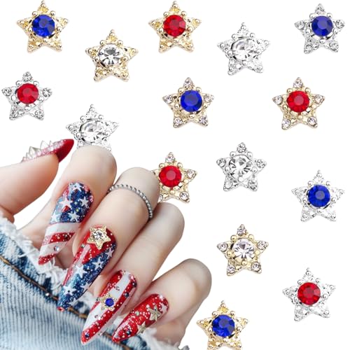 24Pcs 4th of July Star Nail Charms for Nails Art Star Nail Art Rhinestones with Red White Blue Diamond Design 3D Alloy Y2k Nails Gems Independence Day Nail Jewelry for Women Patriotic Decorations DIY