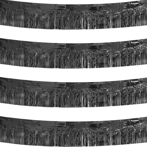 Image of 4 Pack Black Total 40 Feet Foil Fringe Garland Metallic Tinsel Banner Wall Hanging Drapes Parade Float Skirting Decorations for Trailer Mardi Gras Party Birthday Wedding Baby Shower