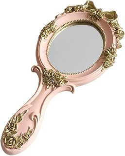 فوميز. مراة مكياج على شكل قلب مع مقبض، مراة محمولة باليد بتصميم رترو لمستحضرات التجميل للنساء والفتيات، لون بينك