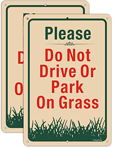 2 Pack Please Do Not Drive Or Park On Grass Yard Signs 12 x 8 Inches No Parking Grass Lawn Signs Metal Reflective Sturdy Rust Aluminum Waterproof Easy to Install Outdoor Use