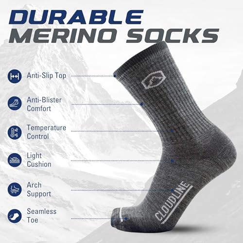 CloudLine Merino Wool Hiking Socks for Men and Women, Light Cushion, Warm, Soft, Moisture Wicking Crew Socks, USA Made 3 Pair2