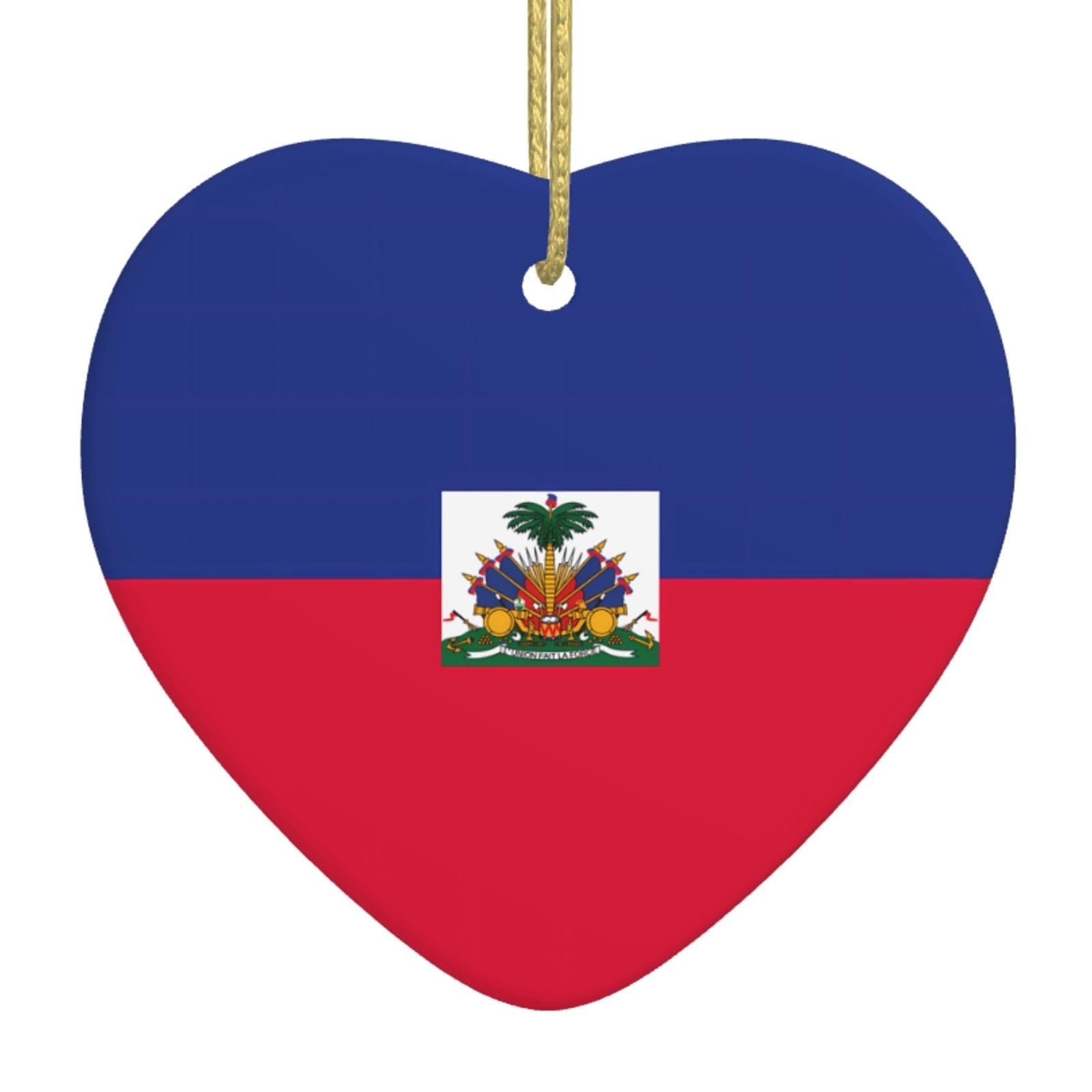 Haitian Flag Ceramic Christmas Heart Pendant with Silk Thread, Christmas Tree Home Decoration