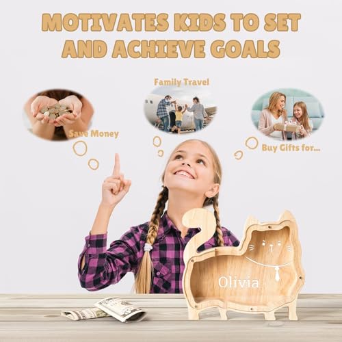 Image of Personalized Wooden Cat Piggy Coin Banks for Kids Name