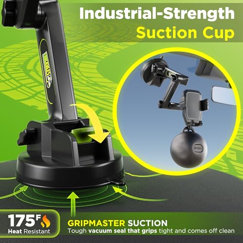 Image of Cell Phone Mount for Truck Phone Holder for Truck Drivers - Heavy Duty Suction Cup + Dashboard Pad, iPhone Holder for Dashboard Window 16.9 inch Long, for iPhone & Samsung, Semi Trucker, Black