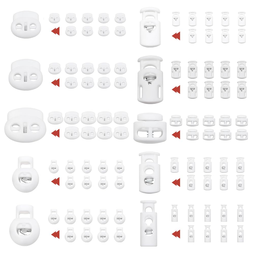 SEMINI 100PCS White Plastic Cord Locks Spring Toggle Stopper Cord Stops Fastener Toggles for Shoelaces, Drawstrings, Paracord, Bags, Clothing (White), White, Normal