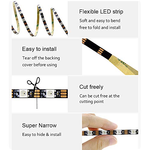 Image of ALITOVE WS2812B LED Strip, 5mm Width Super Narrow RGB Addressable Light Strip 6.6ft 120 LEDs Programmable Dream Color Digital Pixel Rope Light 5V for Home Theater Bedroom Bar Decor (Pack of 4)