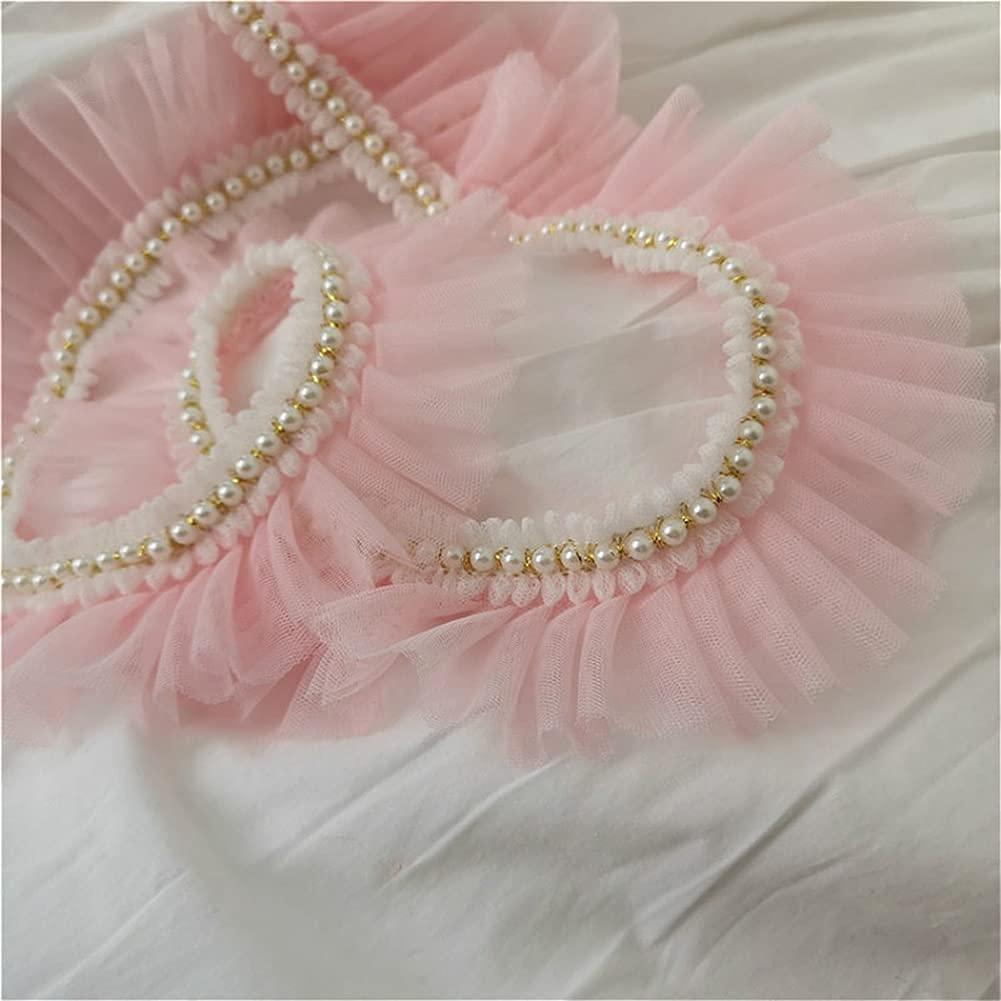 Tong Gu 2 Yard Pearl Beaded and Lace Net Fabric Pleated Ruffle Edge Frill Sewing Trim Ribbon Craft DIY (Light Pink)