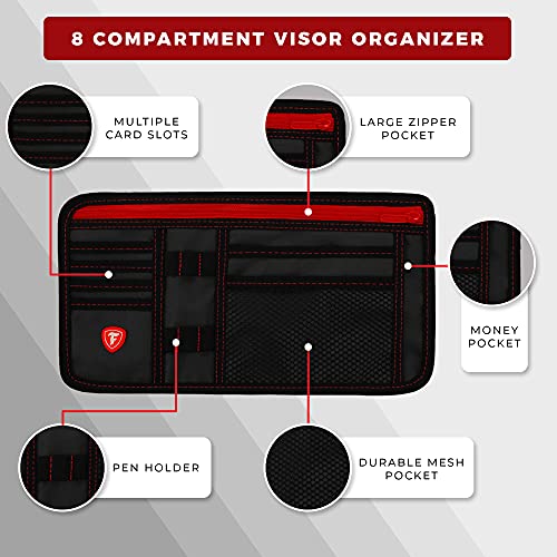 Firestone Car Sun Visor Organizer | 8 Compartment Car Organizer For Visor | Car And Truck Organizer With Holder And Slots For Sunglasses, License, Registration And More | Black/Red #TOP5