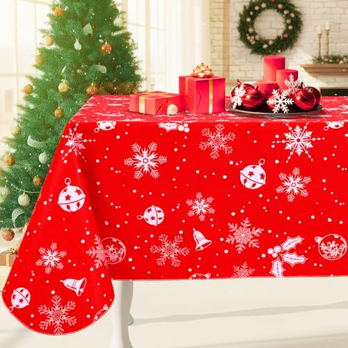 Image of Smiry Christmas Table Cloth, Flannel Backed Vinyl Tablecloth, 60 inchx120 inch | Waterproof Bell & Snowflake Plastic Tablecloths, Wipeable Table Cover for Christmas Table Decorations (White & Red)