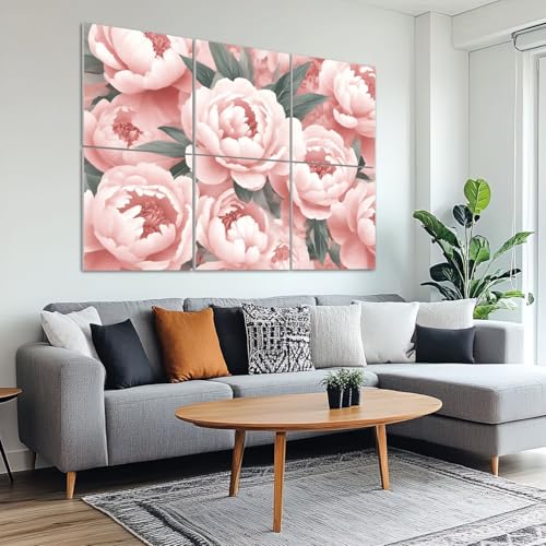 6 Pack Paneles acústicos decorativos rosa con flores peonía, paleta suave verde. Paneles autoadhesivos para absorbción de sonido en estudios y oficinas 72"x48" miniatura 6