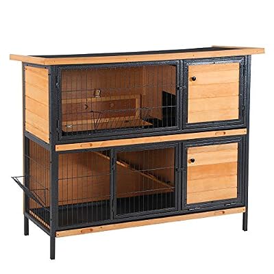 PawHut 48 2-Story Large Rabbit Hutch Bunny Cage Wooden Pet House Metal Frame with Rooms, Ramp, No Leak Tray, Feeding Trough, Waterproof Asphalt Roof for Rabbits, Chickens, Ducks, Outdoor/Indoor