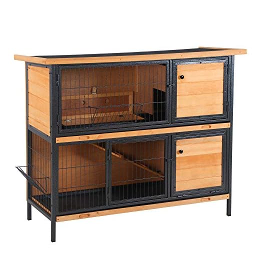 PawHut 48" 2-Floor Large Rabbit Hutch Wooden Pet House Metal Frame Bunny Cage Small Animal Habitat with Ramp Feeding Trough Lockable Doors Run Asphalt Roof for Outdoor Use
