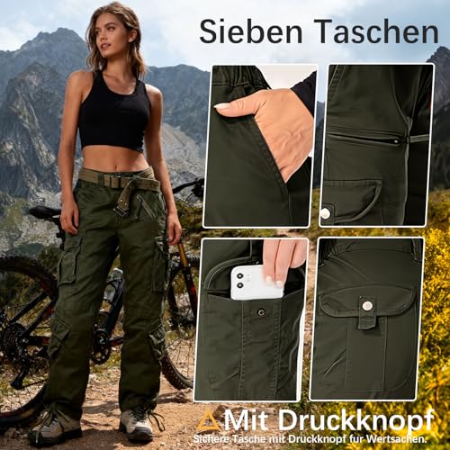 Ycfish Damen Hosen Cargo Hose Multi Taschen Wanderhose Workwear Reißverschluss Armee Militär Outdoorhose Relaxed-Fit Trekkinghose Cargohose Black 4-Tag 34