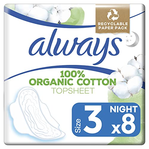 Always Cotton Protection Ultra Night Sanitary Towels with Wings 8 Pads, 100% Organic Cotton Topsheet