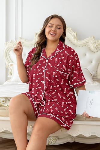 Image of Vozanet Women's Plus Size Button Down Pajamas Soft Lounge Sets Shorts with Pockets Bride Nighty Solid Soft Pjs 1x to 5x