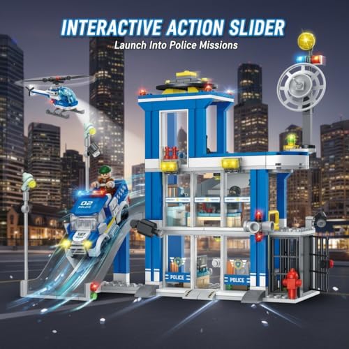 Image of SKY LINE OCEAN Police Station Slider Building Block Set, 601+ PCS City Police Playset with Action Slider Feature, Patrol Vehicles & Accessories, STEM Construction Toy | 5 Year Structural Warranty