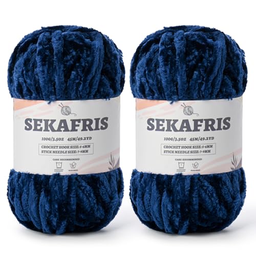 Image of Fuzzy Chunky Chenille Yarn for Crocheting,Soft Plush Yarn for Hand Knitting,Bulky 2x100g (2x49.2yd) Baby Blanket Yarn for Crocheting Amigurumi Yarns,Crochet Fluffy Velvet Yarn (2 Navy Blue)