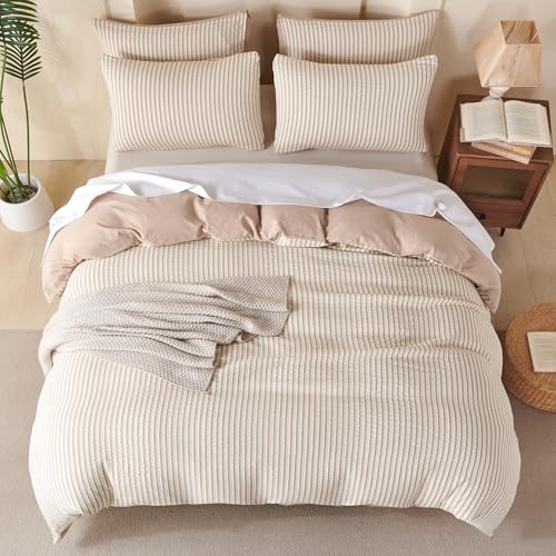 Image of Beige Striped Comforter Set Queen - 3 Pieces Bedding Comforter Set for All Season, Soft Lightweight Washed Microfiber, 1 Striped Comforter and 2 Pillowcases (Beige, Queen Size)