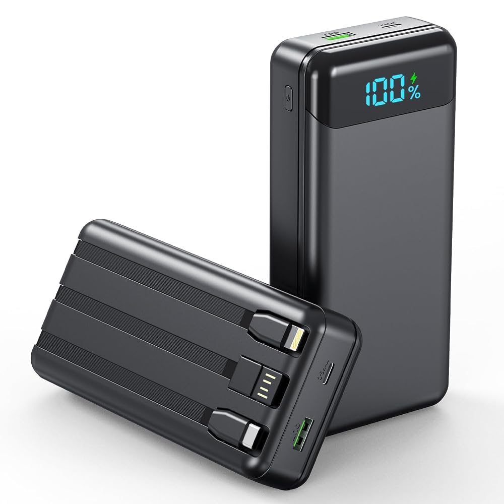 Enerwow Batterie Externe, 27000mAh Power Bank Charge Rapide Portable USB C Batterie avec 3 Câbles Intégrés, Powerbank avec Affichage LED, Compatible Les Séries iPhone Samsung iPad Pro etc(P300C/Noir)