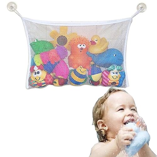 Foyscr Bathroom Kids Toy Storage Bag with 2 Suction Cups Mesh Bath Organizer Keep your bathroom clean and tidy Help toys air dry quickly Removable and durable (White)