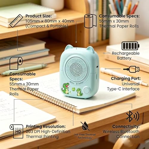 Image of AI Voice Bluetooth Mini Thermal Printer, Inkless Pocket Sticker Maker | Inkless pocket label printer for notes and stickers, ideal for home, school, office and travel daily study sorting use