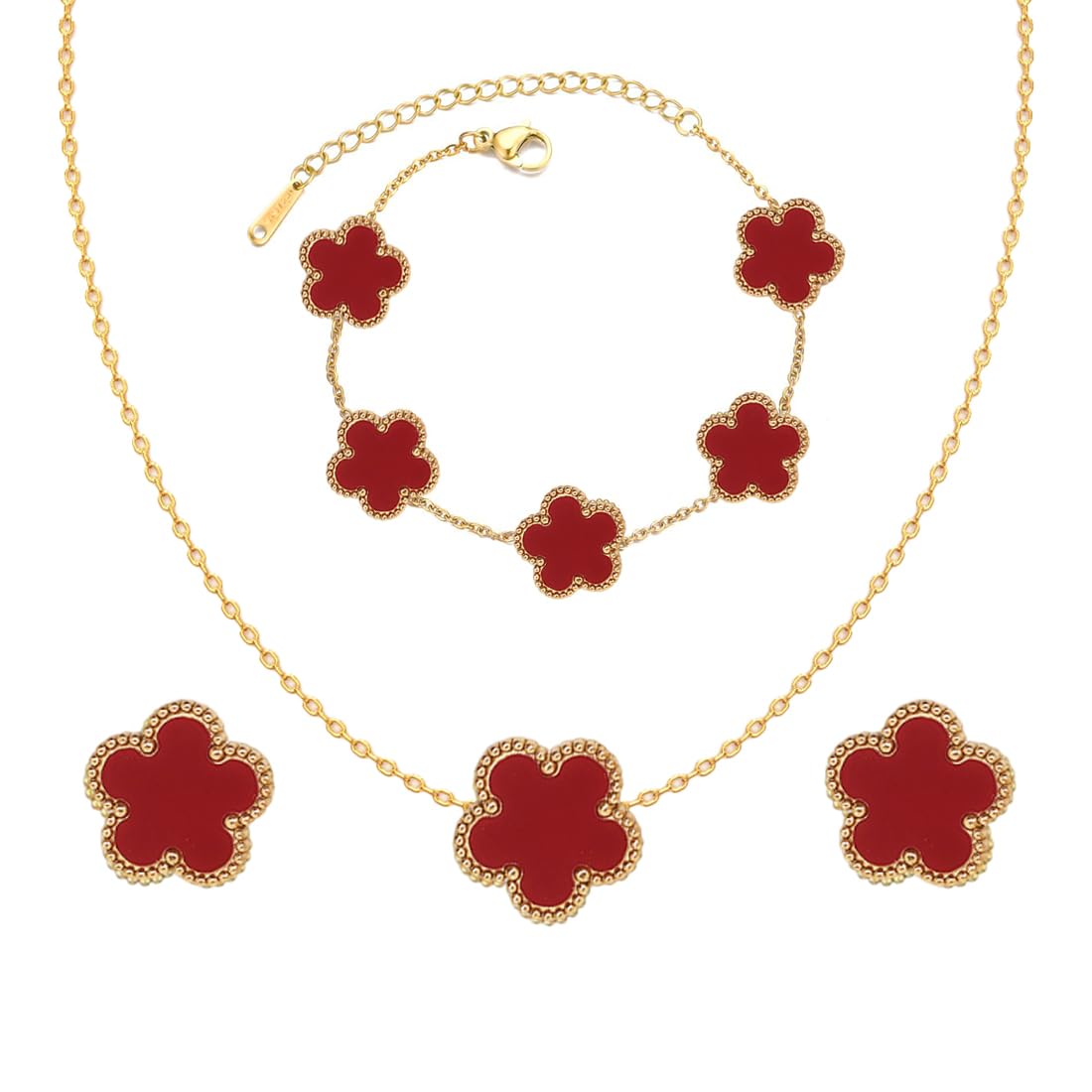 3 PCS Conjunto de Joyas para Mujer con Trébol de Cuatro Hojas, 18K Oro Plateado Acero Inoxidable Trébol de Cuatro Colgante Collar Pendientes Pulsera ,Collar de la Suerte Antialérgica para Mujer Niña