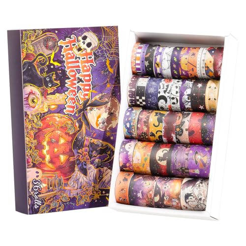 icceemee Halloween Washi Tape Set 36 Rolls Vintage Pumpkin Ghost Bat Spider Witch Decorative Masking Tape Holiday Craft Tape for Journaling Scrapbook Gift Wrapping Card Making DIY Crafts