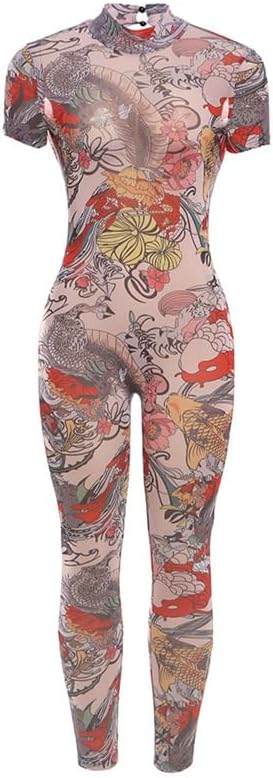 Summer Sexy Jumpsuits for Women Print Short Sleeve Back Hollow Out Bodycon Jumpsuit Mesh Club Outfits Trendy - Image 3