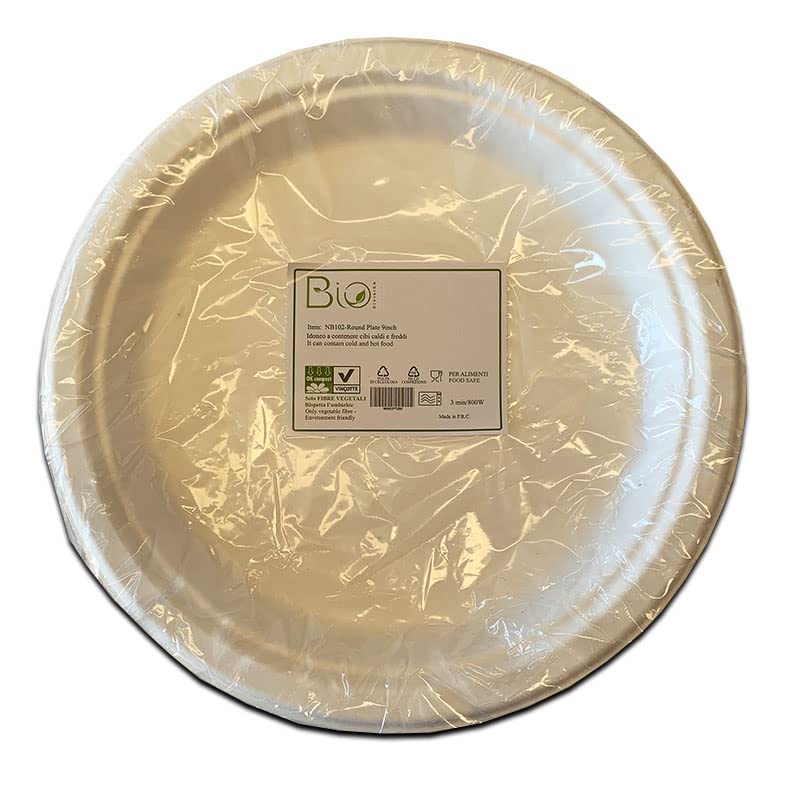 1000 piatti piani rotondi cm 22,5 in polpa di cellulosa, usa e getta, 100% compostabili