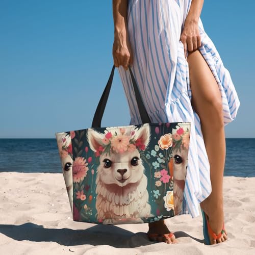 Flower Alpaca Beach Bags For Women Large Waterproof Sandproof Beach Tote Bag Lightweight Carry On Bag For Gym Travel Vocation 6