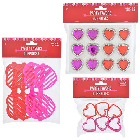 Valentine's Day Plastic Party Favors Value Pack Assorted Plastic Heart Rings(12 ct),Heart-Shaped Magic Springs (6ct) and Heart-Shaped Plastic Glasses (4 ct) - Pack of 3