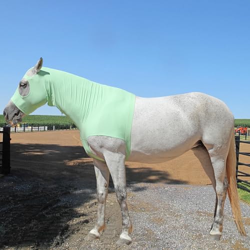 Image of Horse Slinky Hood with Zipper, Stretch Spandex Sleazy Hood for Mane Protection, Breathable Horse Neck Cover for Show Prep, Braids Saver, Sleek Grooming Under Blanket Use Palegreen Small