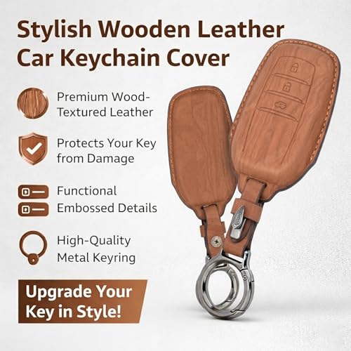 Image of Wooden PU Leather Key Cover Compatible with Toyota Fortuner | Fortuner Legender, Innova Hycross | Invicto 3 Button Smart Key Stylish wooden Texture & Durable Premium PU Leather Protection