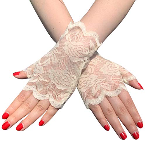 GMBYLBY Guantes de encaje elegantes cortos sin dedos hasta la muñeca con flores para mujer, niñas, boda, Halloween, fiesta, mujer, guantes de encaje