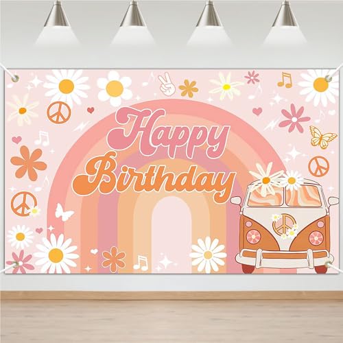 Image of Avezano Groovy Birthday Banner for Retro Hippie Birthday Party Decorations Girls Daisy Flower Boho Rainbow Theme Photoshoot Backdrops 70.8 x 43.3 Inch