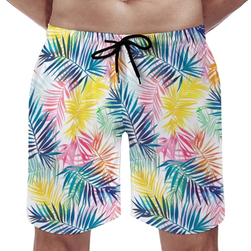 Colorful Palm Leaves Men's Swim Trunks Hawaiian Tropical Leaves Summer Surfing Shorts Bathing Pants with Pockets4
