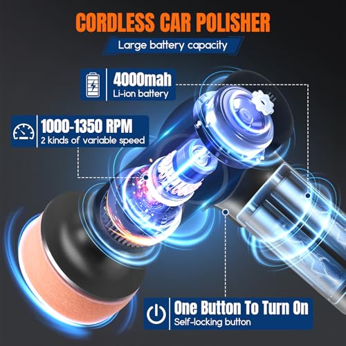 Cordless Car Polisher with 2 Variable Speed, 4000mAh Rechargeable Battery, Speed Lock Button, 3 Polishing Pads, Cordless Car Buffer Polisher for Scratch Removing/Detailing/Polishing/Waxing 2 Cordless Car Polisher with 2 Variable Speed, 4000mAh Rechargeable Battery, Speed Lock Button, 3 Polishing Pads, Cordless Car Buffer Polisher for Scratch Removing/Detailing/Polishing/Waxing - Image 2