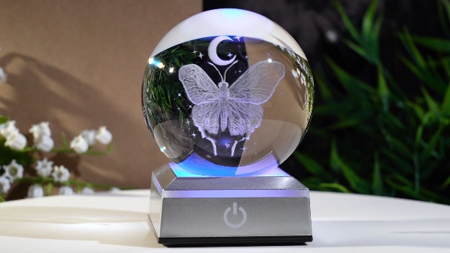 Image of 3D Crystal Butterfly Ball Gifts for Women, Gifts Ideas for Wife Mom Girlfriend Couple Her, Butterfly with Star Moon in Crystal Ball 3.15in with Colorful LED Light Base Home Office Decor