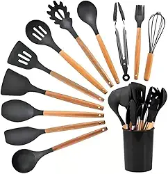 Kit de Utensílios de Cozinha Silicone Premium, 12 Peças, Cabo em Madeira Natural, Silicone Preto, com Suporte, Inclui Espátulas, Colheres, Pinças e Batedor
