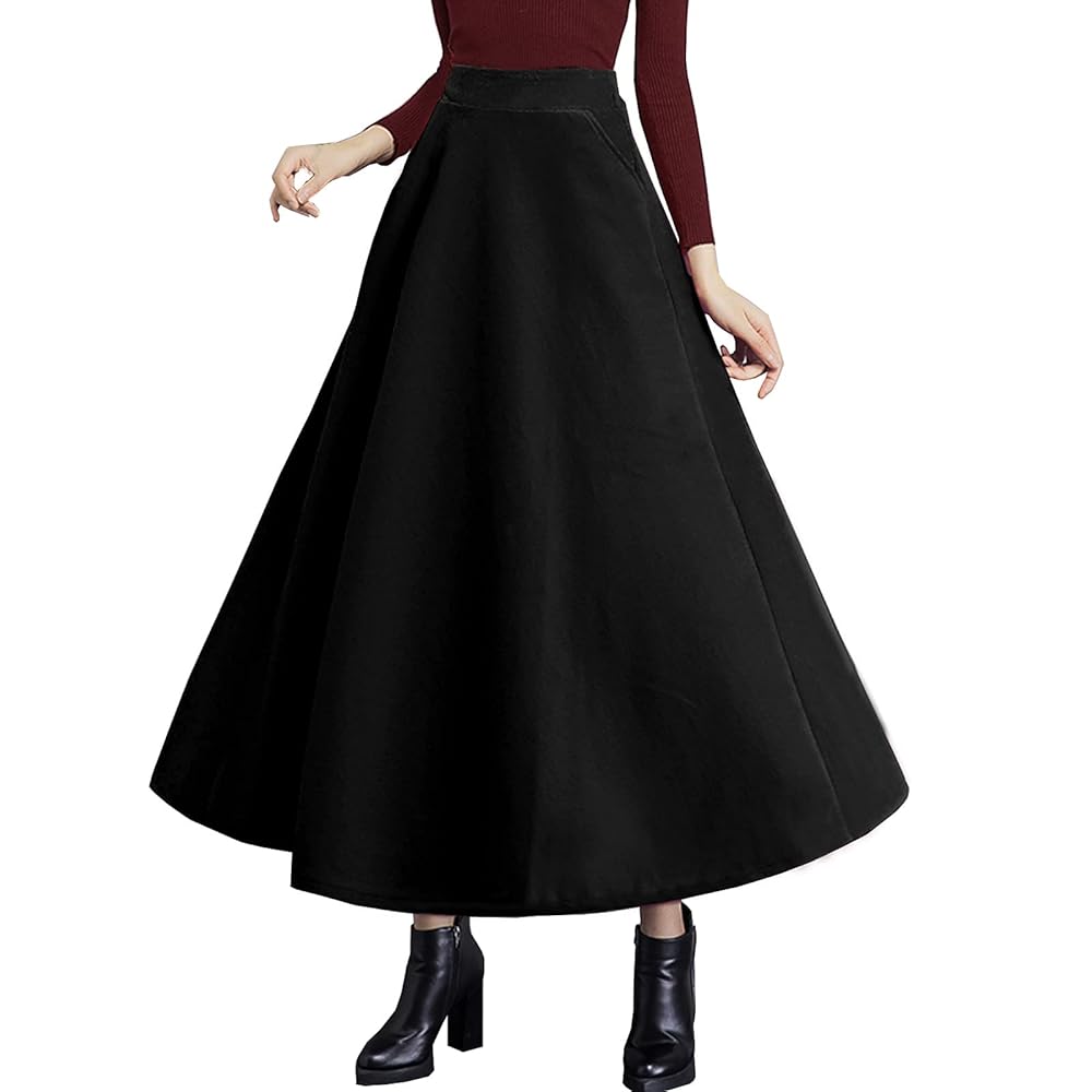 【BAON】Notats banding check layered wool long skirt layered wool maxi skirt, Designer swing skirt for winter