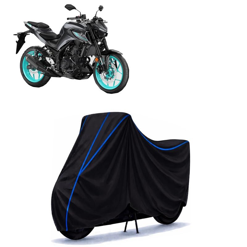 Image of MT 07 Bike Cover Water Resistant Universal Motorcycle Rain | Heavy Duty UV Protection, Dust, Scratch Indoor Outdoor All Weather with Black Blue Piping Elastic
