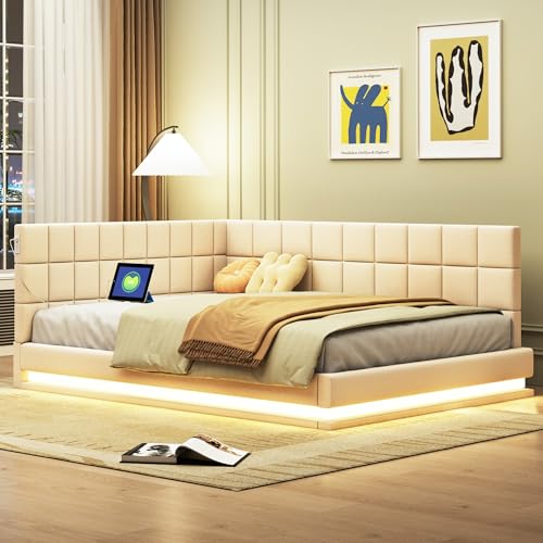 EINHOM Polsterbett 140x200 cm, Schlafsofa mit LED-Lichtleiste, Tagesbett mit USB-Anschluss, Lattenrost aus Holz, Hautsympathisch, Samtstoff, Ohne Matratze, Beige