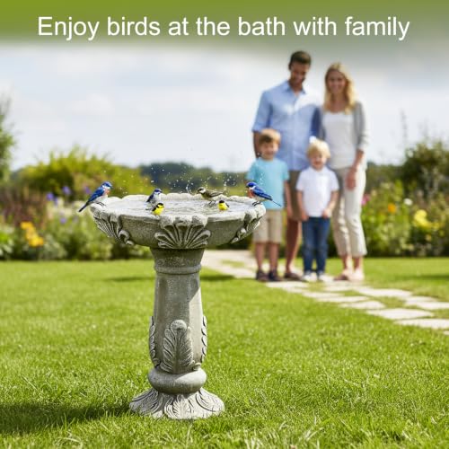 Image of SunJet 23.6 inch Outdoor Fibre Reinforced Concrete Birdbath, Bird Bath with Vintage European Leaf Pattern Pedestal for Outdoor Garden, Yard, Lawn Decor
