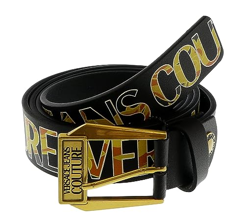 VERSACE JEANS COUTURE Black/Gold Signature Buckle Lettering Print Leather Adjustable Belt-34 for Mens