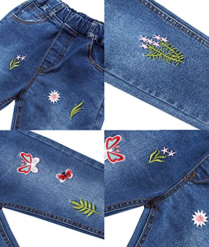 Image of Big Girls Letters Decor White Knitted Pullover Wahsed Flowers Embroidery Jeans Pants Set