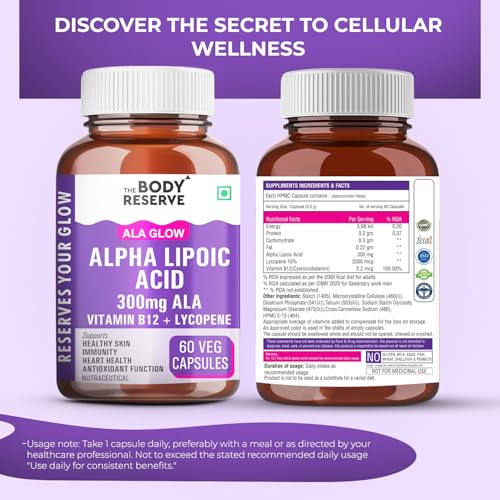 Image of The Body Reserve Alpha Lipoic Acid 300mg with Lycopene & Vitamin B12 | Nerve Health, Energy, Antioxidant & Healthy Blood Sugar Support | Vegan, Non-GMO, 60 Tablets