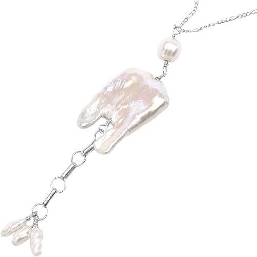 Miniatura 2 de Large White Notched Rectangle Cultured Freshwater Pearl Chain Necklace Sterling Silver Gold-filled