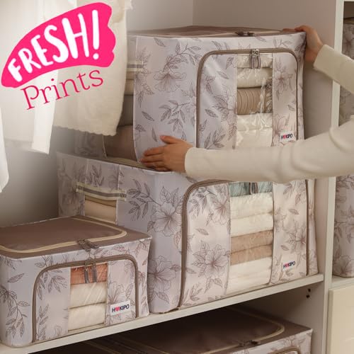 Image of HOKIPO 66L(L) Clothes Storage Box, 600D Oxford Fabric Organiser for Wardrobe, Latte Floral Pack of 2 (AR-6486-LBR*2)