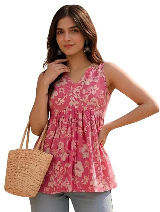 Image of Cotton Floral Printed Sleeveless Peplum Top for Women | V Neck Short Kurti for Girls | Casual Summer Regular Fit | Tunic Top for Women | Gathered Short Kurta | Pink